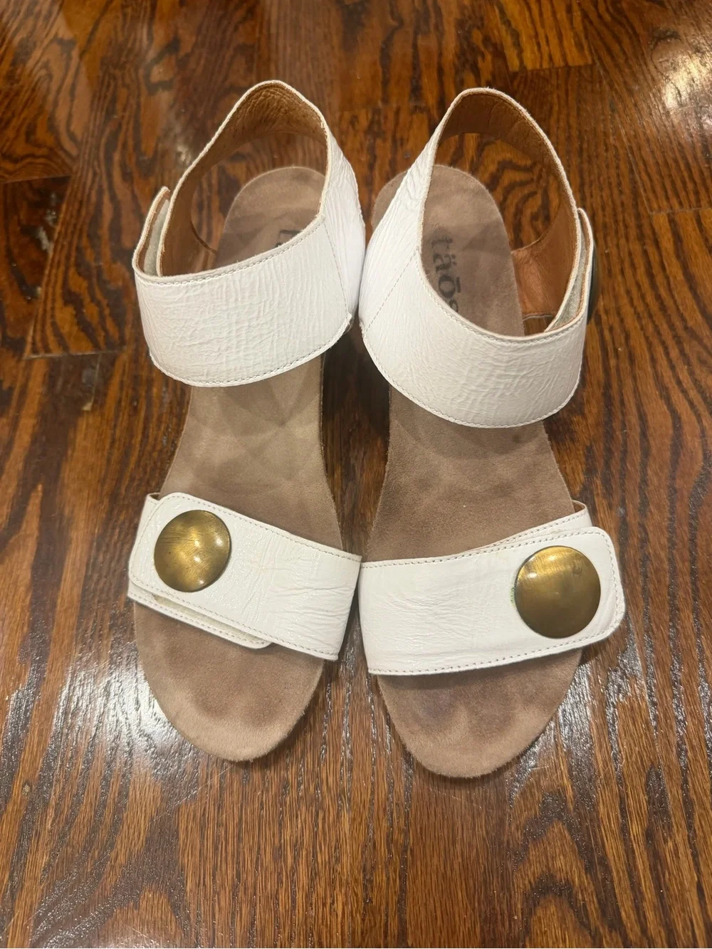 Taos Carousel 3 White Wedge Sandals with Brass Accents - Comfort Padded Footbed!